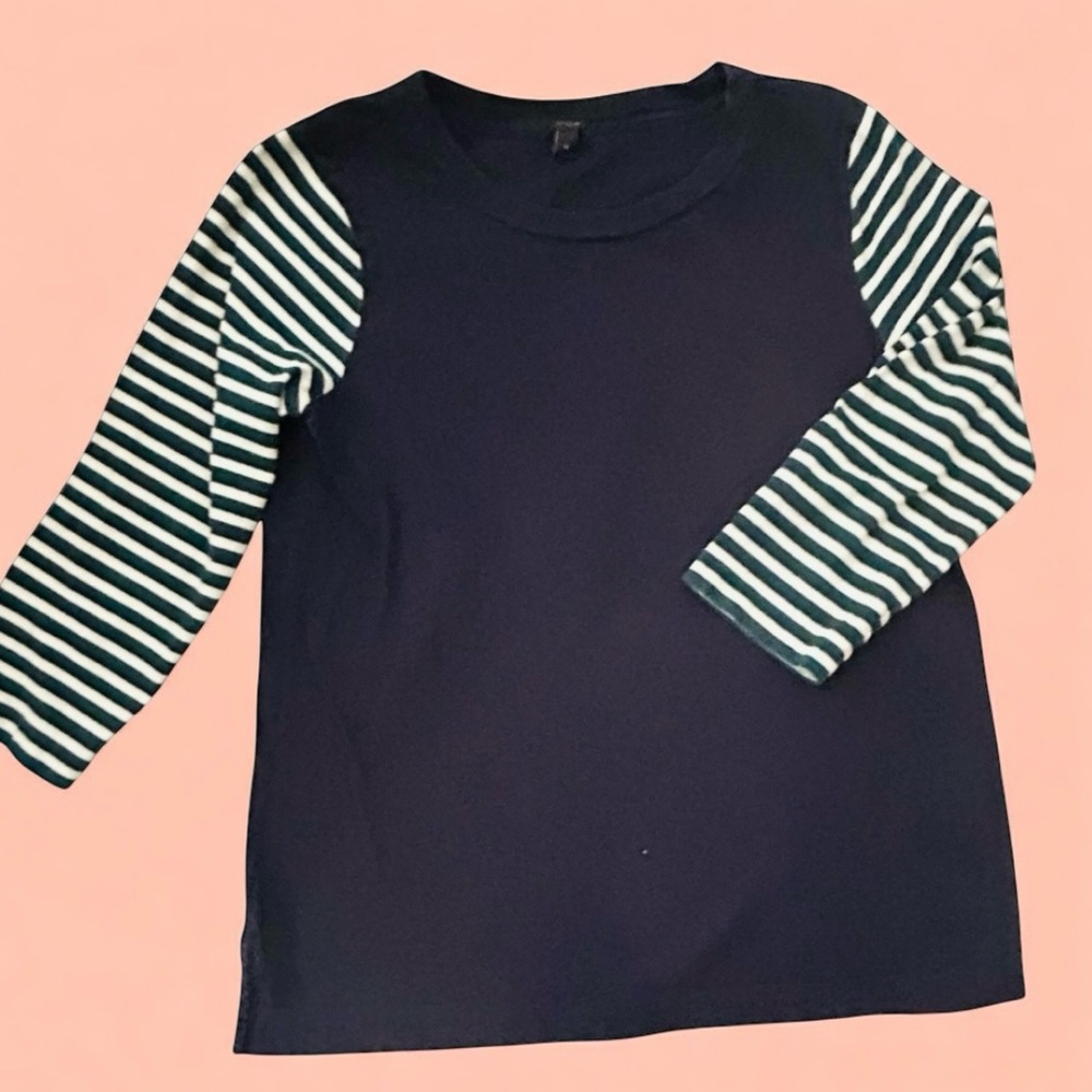 J. Crew Navy Top with Green Striped 3/4 Sleeves- Medium